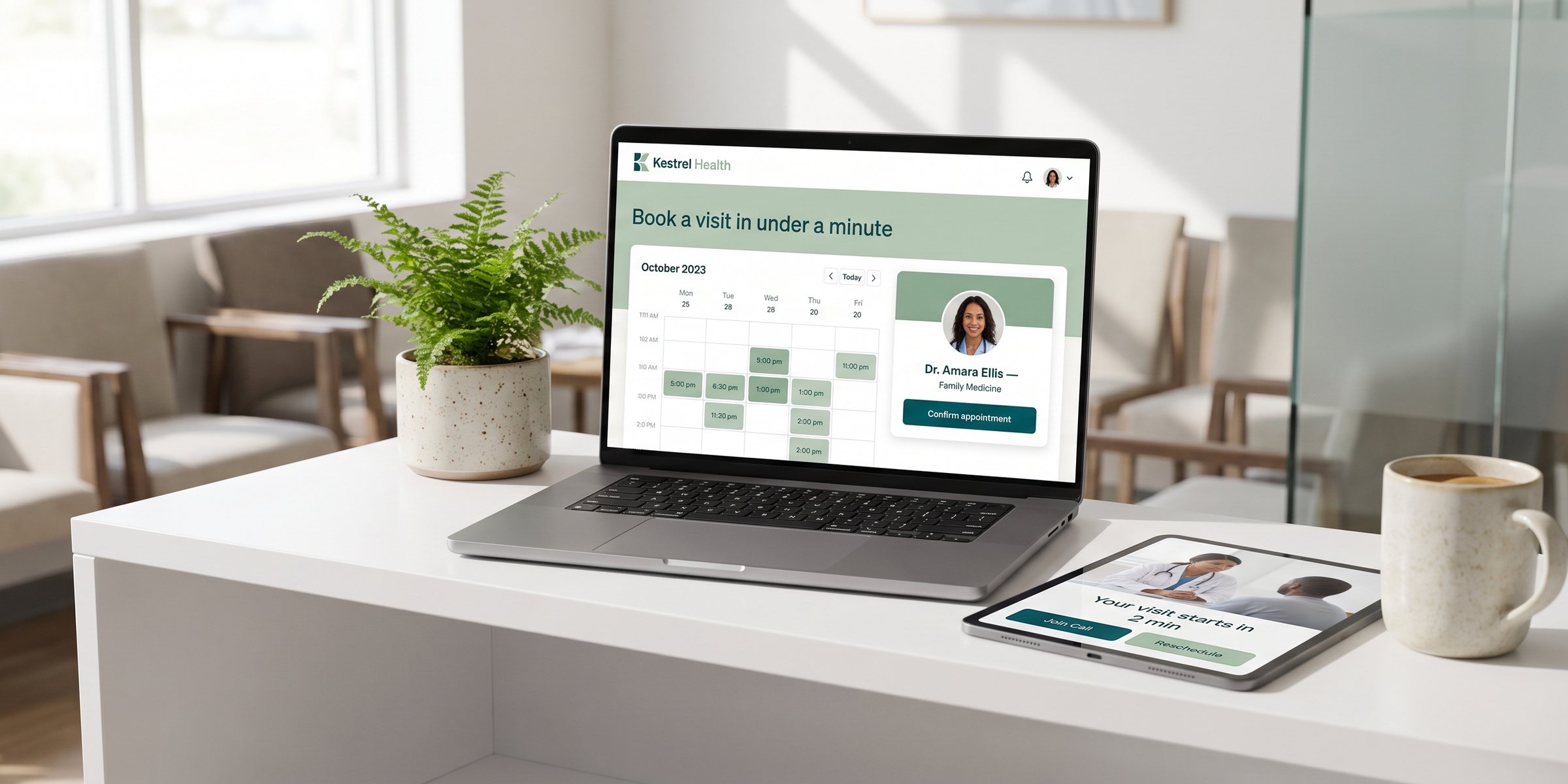 Kestrel Health booking screen on a laptop and a video visit on a tablet